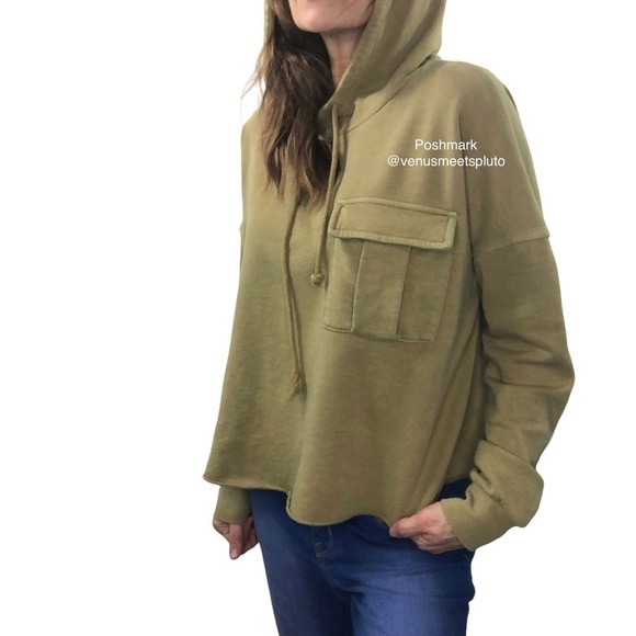 Sonoma Terry Hooded Sweatshirt Sz M Boxy Cropped Oversized Olive Boho Beachy - Picture 1 of 6